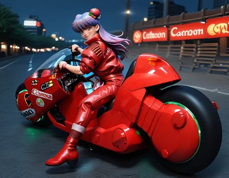 score_9, score_8_up, score_7_up, source_real, realistic, photorealistic, BREAK
KanedaBike_Akira, motor vehicle, ground vehicle, motorcycle, solo, jacket, vehicle focus, smoke, 1girl, motorcycle helmet, male focus, red jacketcyberpunk, city, night, neon,
shampoo (ranma 1/2), purple hair, long hair, apron, red footwear, red eyes, hair bun, hair bell, hair ornament, double bun, bell, capri pants, red pants, smile, <lora:BDpony_KanedaBike_Akira_V1-5175:1> <lora:detailed_notrigger:1> <lora:zy_Detailed_Backgrounds_v1:1>