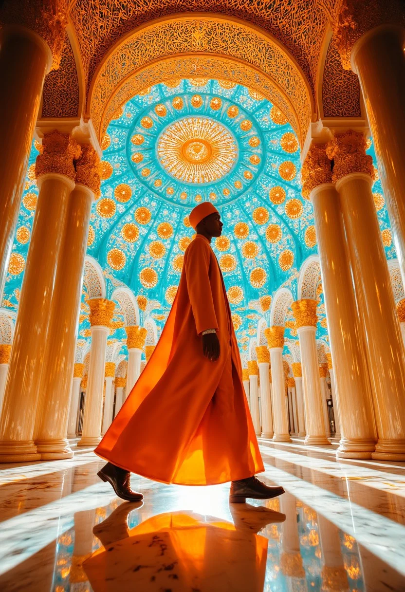 suggesting he is a religious figure or a devout Muslim. His figure is silhouetted against the vibrant, graceful stride from left to right across a highly polished marble floor. The monk is dressed in a bright orange robe, bright orange robe that reaches to her ankles, confident individual standing in front of an ornate, beige caftan, paired with a red turban, Fashion Style Warm. The image is a digital CGI artwork depicting a stunning