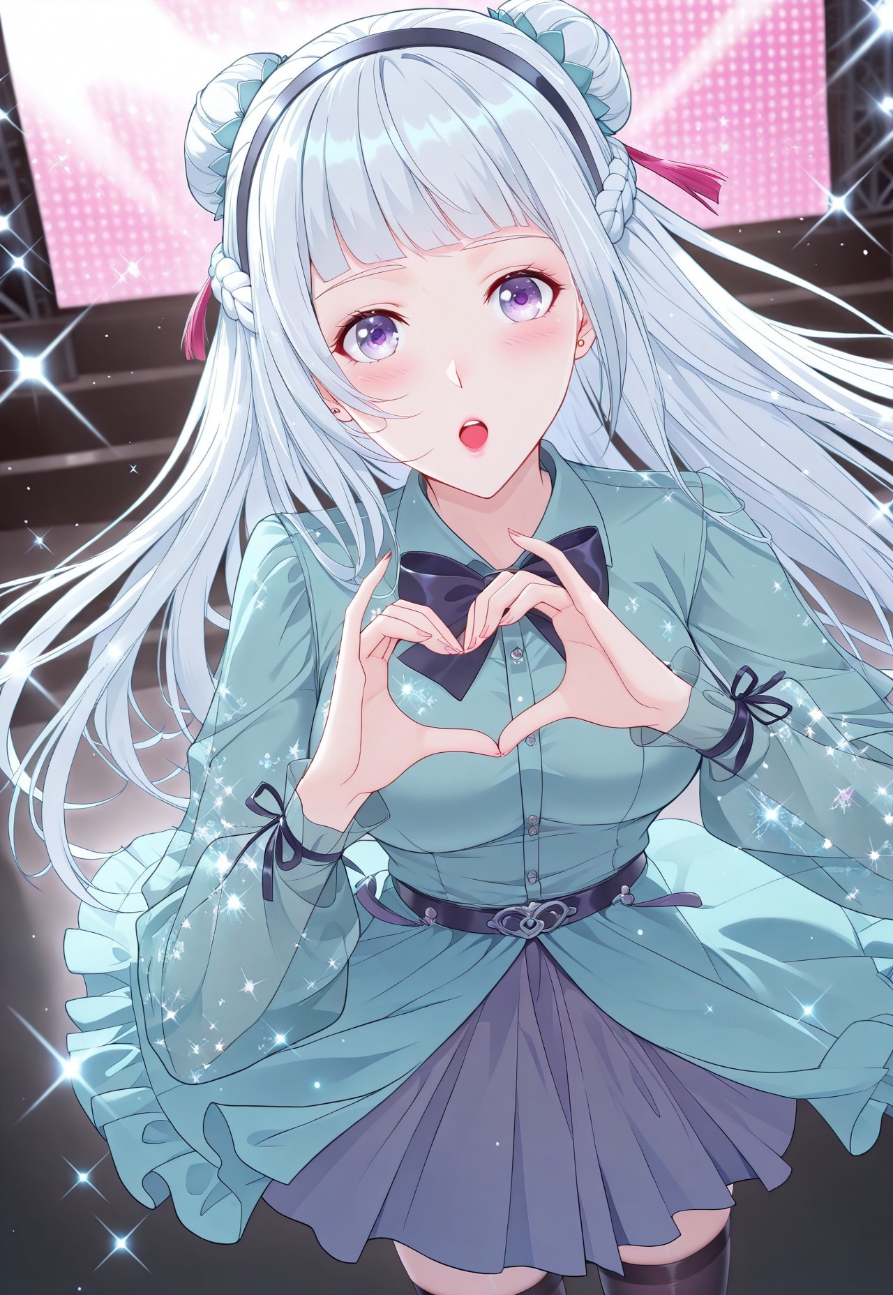 Smooth Quality, highres, hi res, best quality, masterpiece, intricate details, absurdres, 8k, (official art, anime screencap:1.1), glitter, depth of field, pinup, Glamor,
BREAK
BREAK
XJUNXUE, 1girl, white hair, double bun, Long hair, purple eyes, braid, french braid,
BREAK
blue dress,black bowtie,long sleeves,skirt,frilled dress,collared shirt,two-tone dress,belt,black thighhighs,open mouth,hairband,dress,bow,<lora:Fixhands_anime_bdsqlsz_V1:1>,cinematic_angle,dynamic_angle,
 concert stage background, face_focus,looking_at_viewer,light_blush,sparkle,portrait,heart hands