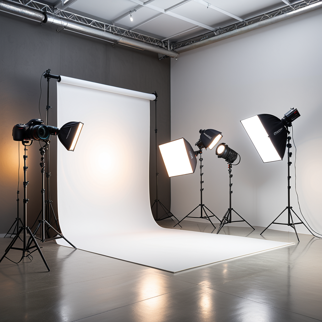 A professional photography studio with a clean and modern design. The space is open and spacious, with smooth white walls and a polished concrete floor. A large white backdrop extends across one wall, seamlessly curving into the floor to create an infinity effect. In front of the backdrop, a professional photography setup includes several pieces of equipment: a tripod-mounted DSLR camera positioned at the center, two large softbox lights on either side emitting a diffused, even glow, and a ring light mounted near the camera for additional lighting. A reflector disk and a light stand with a boom arm are placed nearby, adding to the setup.The atmosphere is organized and professional, with an emphasis on functionality and creativity. The lighting is bright and even, designed to create perfect conditions for capturing high-quality images.
<lora:SDXLFaeTastic2400:0.4> <lora:extremely_detailed:0.4> extremely detailed, Masterpiece,best quality,hi res,8k,hi res,8k,award winning,(sharp focus, intricate, highly detailed),
