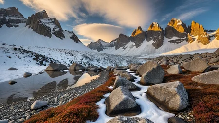 masterpiece,best quality,amazing quality,high resolution,ultra-detailed,absurdres,HDR,8K,high contrast,realistic,muted lithing,sharp focus,fine details,
A professional landscape photography of the view On a steep moraine slope beneath glaciated peaks and serrated pinnacles where rocky talus and alpine grass patch the rugged ground. At winter dawn, rosy light glints on frosted boulders, each breath mists in frigid air, and the moraine lies silent under fresh snow. ,