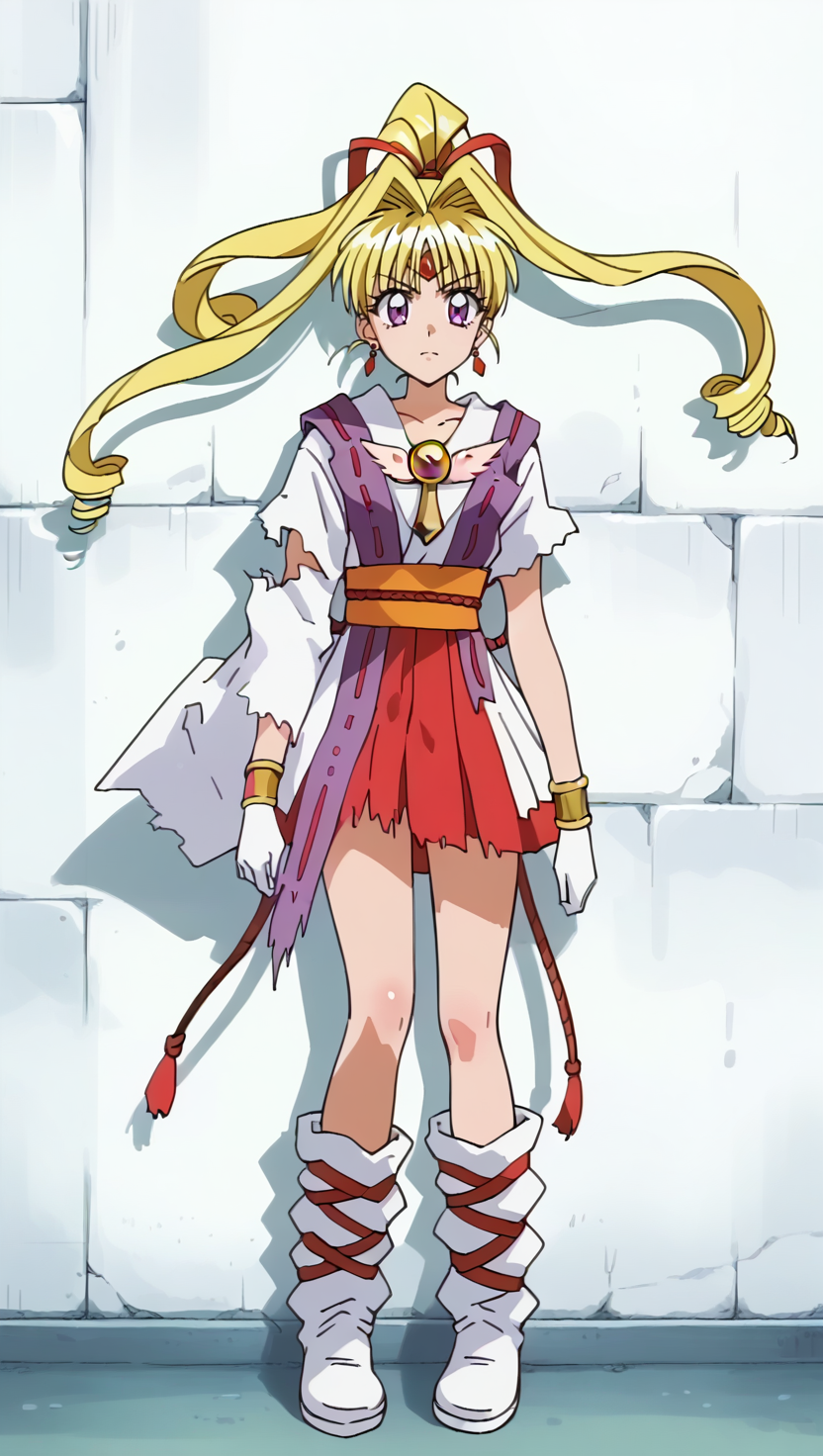 cute, 90s_anime, score_9, score_8_up, score_7_up, (solo:1.3),KKJ19, purple_eyes,blonde_long_hair,high_ponytail,red_hair_ribbon,earrings,forehead_jewelry,bangle_white_gloves,torn_japanese_clohes,torn_white_boots, standing, serious, (white wall:2), 