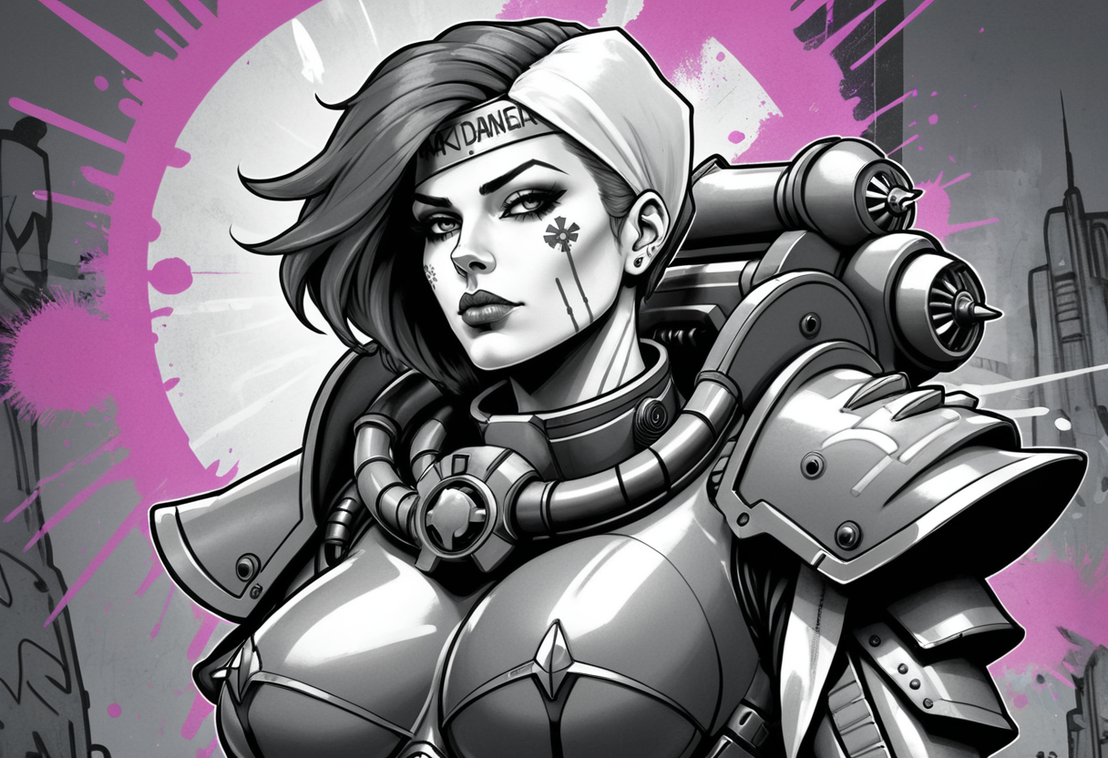 (Digital Illustration), beautiful Sister of Battle, Black and white power armor, blush, halo above her head, portrait, cleavage, dynamic composition, graffiti \(style\), bold lines, dramatic shading, color splashes, line art, limited color palette, extremely detailed, Punk,
<lora:Sisters-of-Battle-subset-000004:1>
