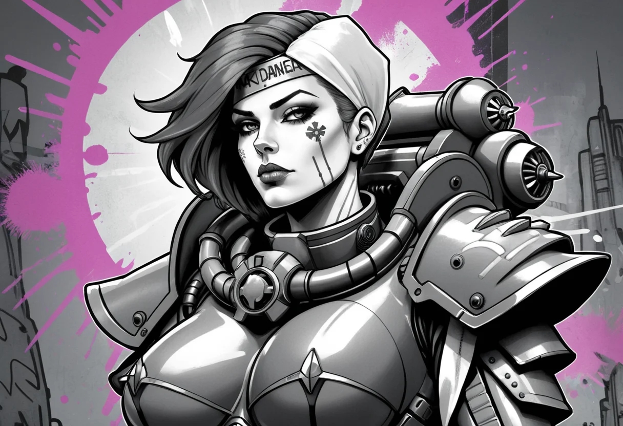 (Digital Illustration), beautiful Sister of Battle, Black and white power armor, blush, halo above her head, portrait, cleavage, dynamic composition, graffiti \(style\), bold lines, dramatic shading, color splashes, line art, limited color palette, extremely detailed, Punk,
<lora:Sisters-of-Battle-subset-000004:1>