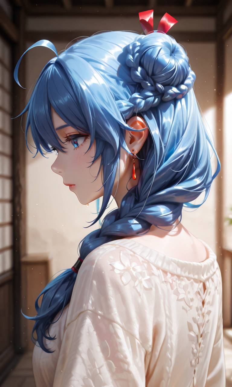 masterpiece, best quality, very aesthetic, absurdres, detailed, detailed background,  BREAK, phoena/(cc/),1girl,solo,blue eyes,blue hair,long hair,bangs,hair ornament,hair ribbon,hair between eyes,braid,single braid,hair bun,single hair bun,hair over shoulder,ahoge,earrings,