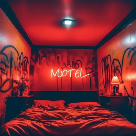 velumia a motel room graffiti on the walls at night, cinematic, professional photo, very detailed red light <lora:velumia:1>
