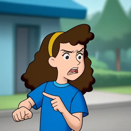 solo, 1girl, betcg1, brown hair, shirt, pants, blue shirt, pout, hairband, black eyes, short sleeves, pointing, open mouth, long hair, blurry background, <lora:betcg1-000009:1>, score_9, face detail,