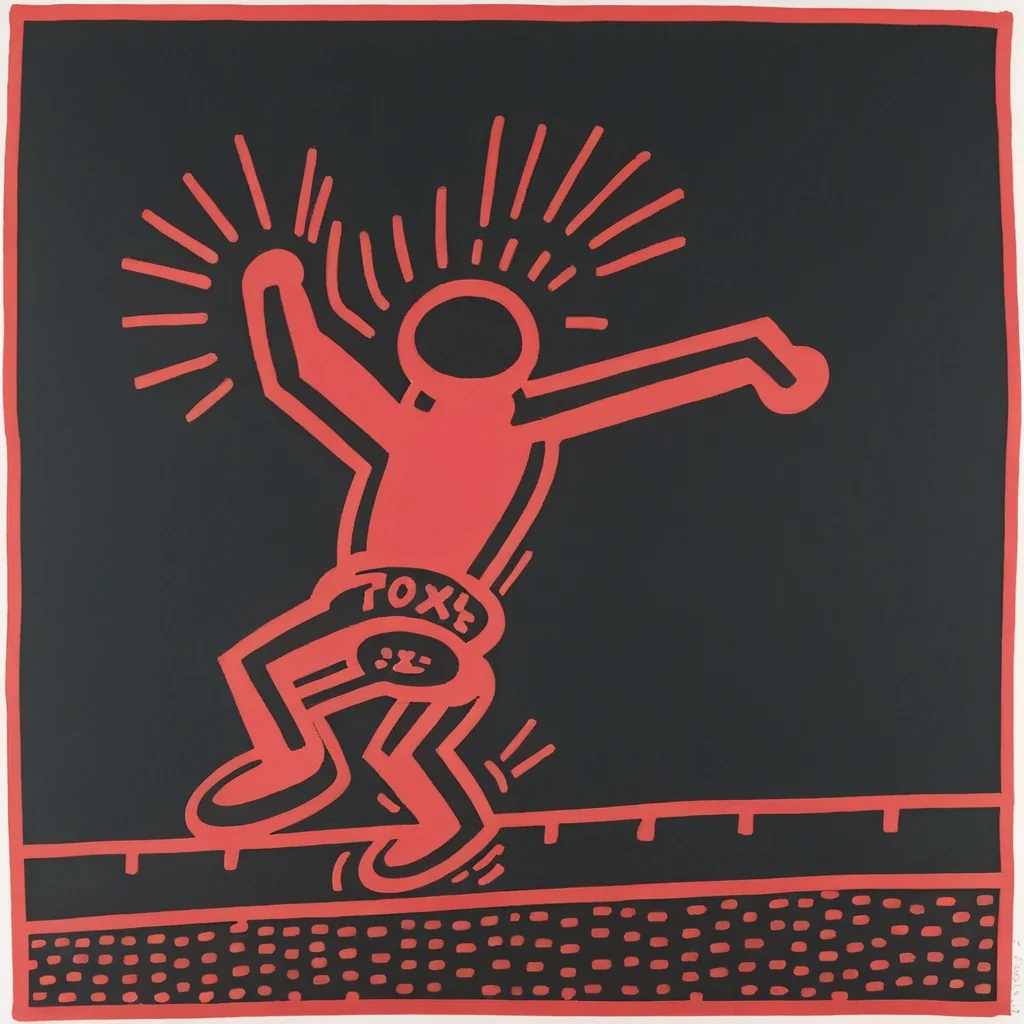 keithharingxl, a red and black drawing of a person falling off a building <lora:KeithHaringXL_v1:1>