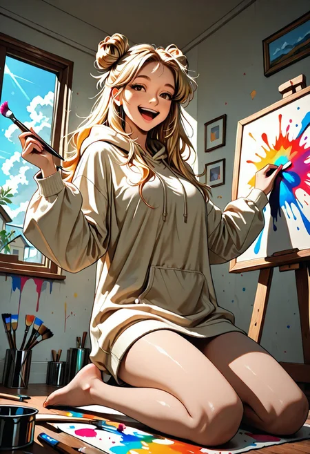 masterpiece, best quality, source_cartoon, 1girl, woman, Bunij, blonde hair, hair buns, brown eyes, large oversized hoodie, hoodie dress, bare legs, bare feet, happy, laughing, Expressiveh, holding paint brush, painting walls, colorfull paint everywhere, dynamic pose, dynamic angle, detailed background, empty room, white walls, colorfull paint splashes on walls, sunny day, highly detailed