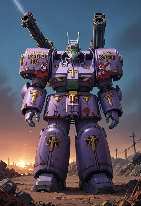 score_9, score_8_up, score_7_up, source_anime, front view, BREAK, ( guncannon_mass_production_type, riverside, looking at viewer,) 1mech, purple mech, purple armor, metallic armor, wasteland, haze, shoulder cannons deployed, mech focus, solo, BREAK, two arms, GreyK40k, gold trim, gold decorations on armor,