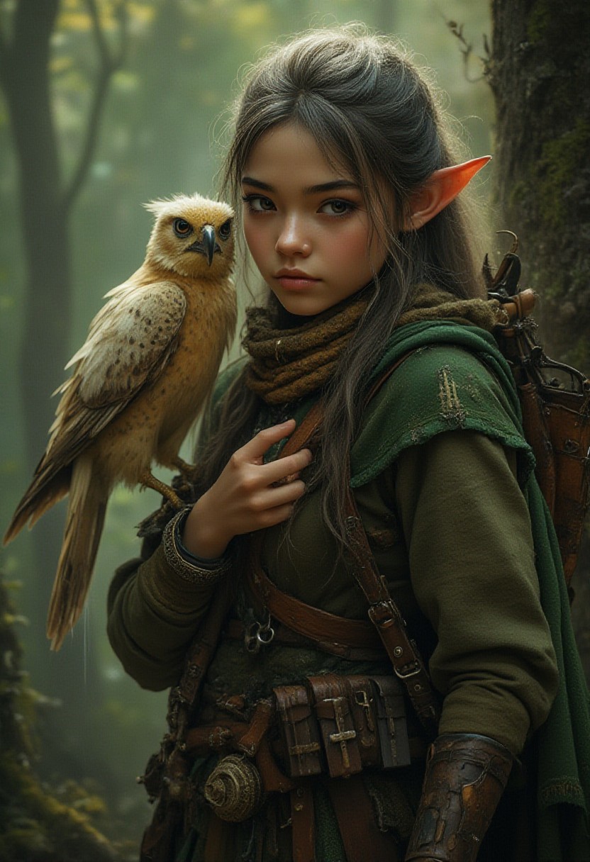 Midjourney style, cinematic style, high fidelity, realism, chiaroscuro,
High quality, Fantasy forest, Halfling girl ranger with a cockatiel on her shoulder. The girl looks fearce. Has a bow.