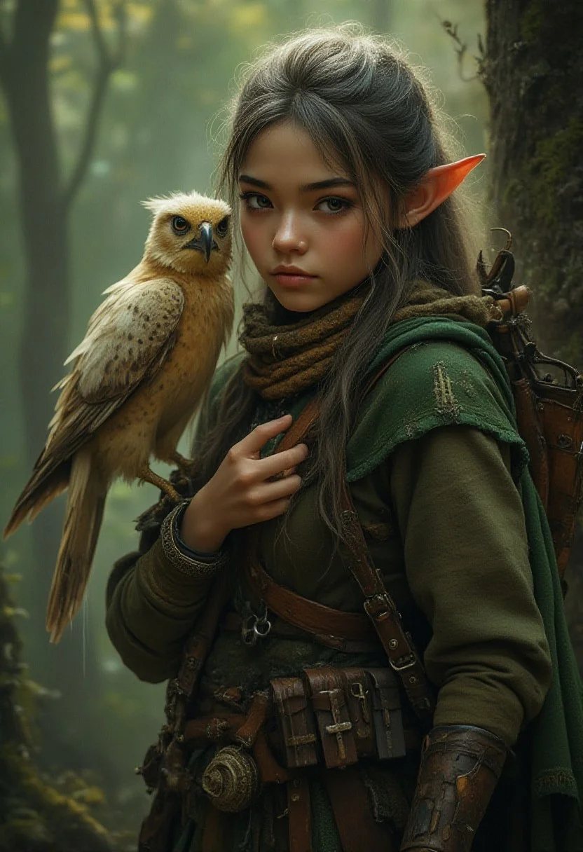 Midjourney style, cinematic style, high fidelity, realism, chiaroscuro,
High quality, Fantasy forest, Halfling girl ranger with a cockatiel on her shoulder. The girl looks fearce. Has a bow.