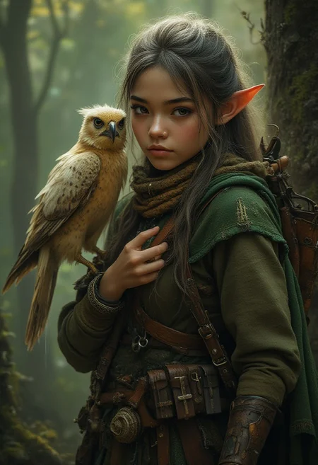 Midjourney style, cinematic style, high fidelity, realism, chiaroscuro,
High quality, Fantasy forest, Halfling girl ranger with a cockatiel on her shoulder. The girl looks fearce. Has a bow.