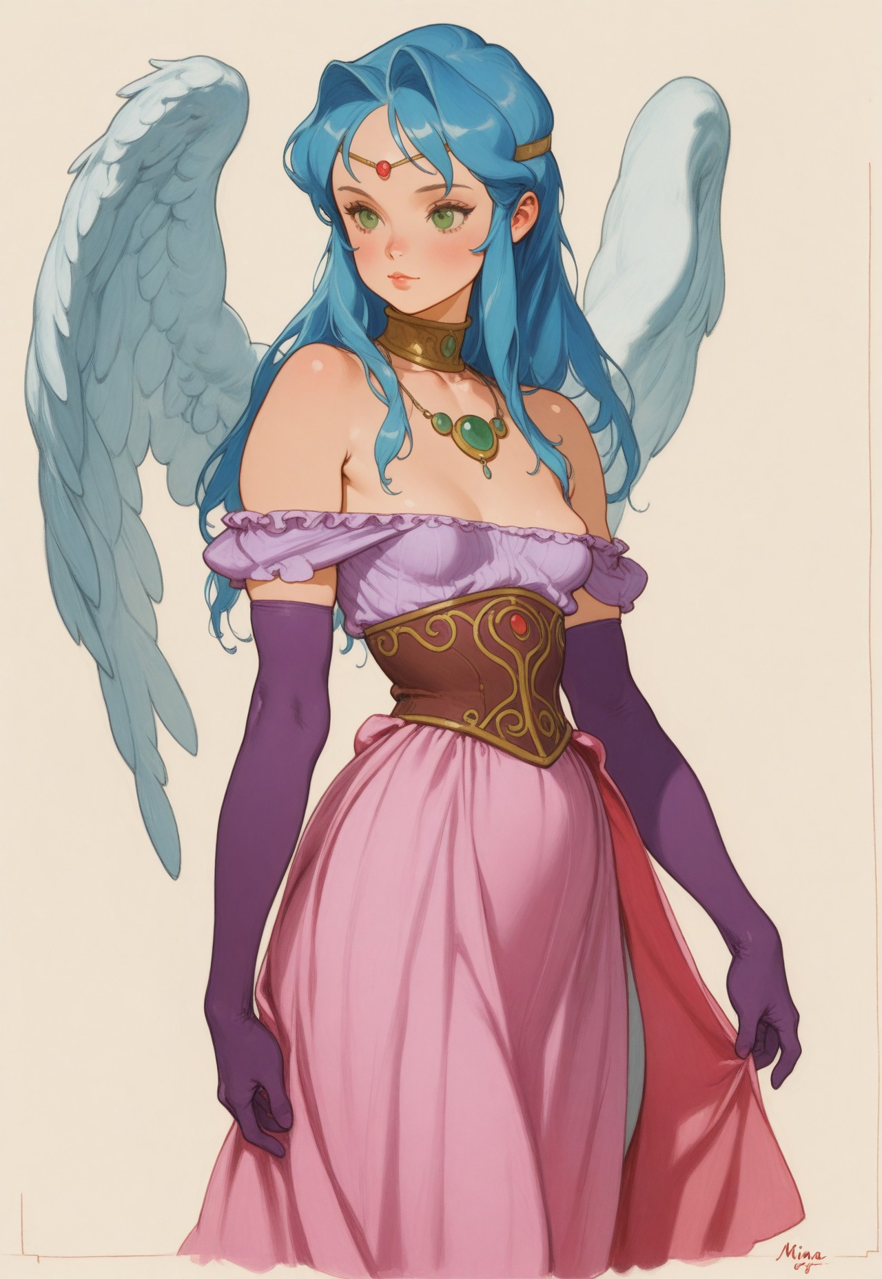 masterpiece, best quality, very aesthetic, absurdres, 
1girl, mina \(breath of fire ii\), green eyes, blue hair, long hair, long bangs, sidelocks, parted bangs, small breasts, angel wings, bare shoulders, 
circlet, necklace, off-shoulder dress, layered purple gown, underbust, purple elbow gloves, pink overskirt, frills, 
oygecf, oyarcf, 