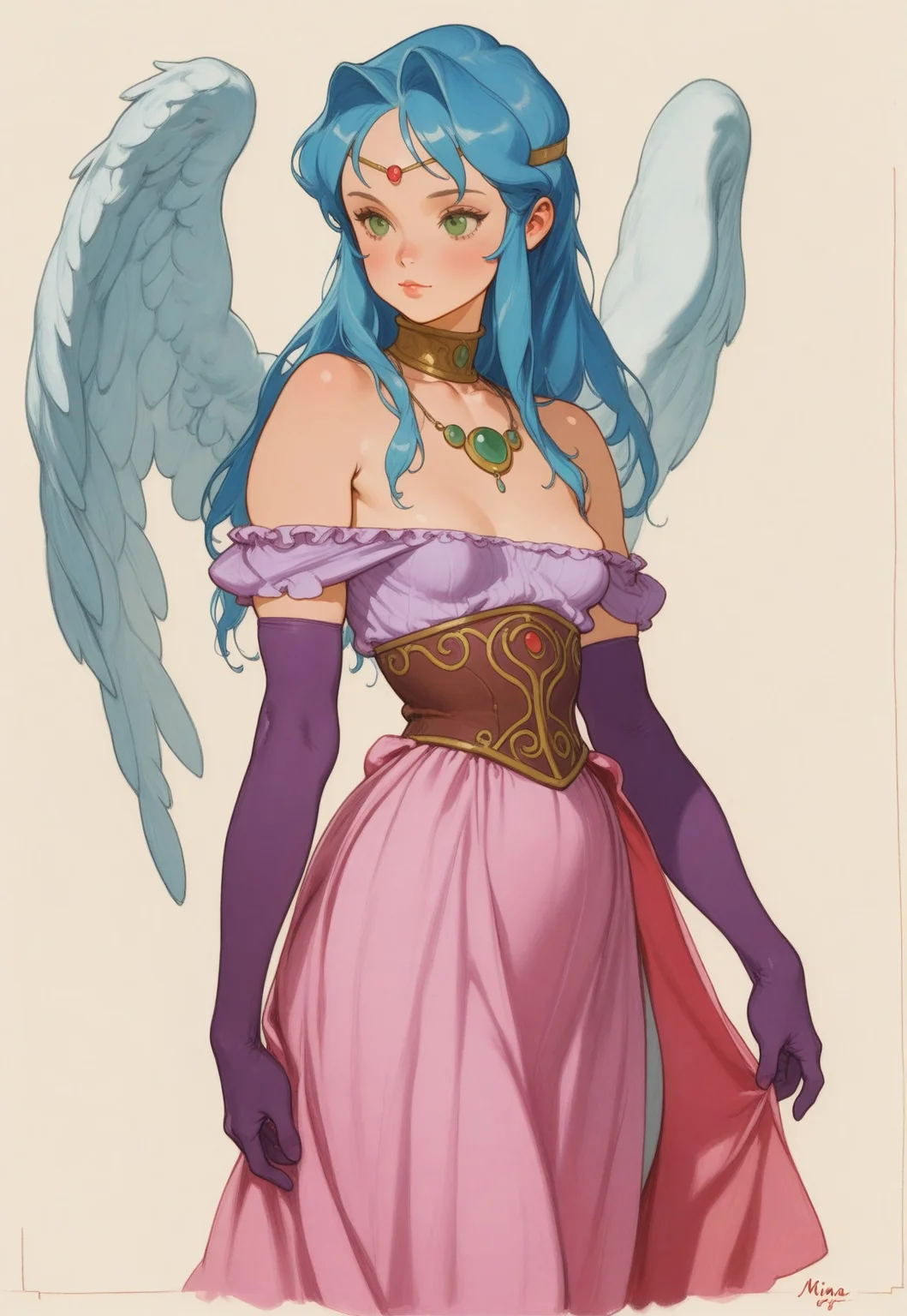 masterpiece, best quality, very aesthetic, absurdres, 
1girl, mina \(breath of fire ii\), green eyes, blue hair, long hair, long bangs, sidelocks, parted bangs, small breasts, angel wings, bare shoulders, 
circlet, necklace, off-shoulder dress, layered purple gown, underbust, purple elbow gloves, pink overskirt, frills, 
oygecf, oyarcf, 