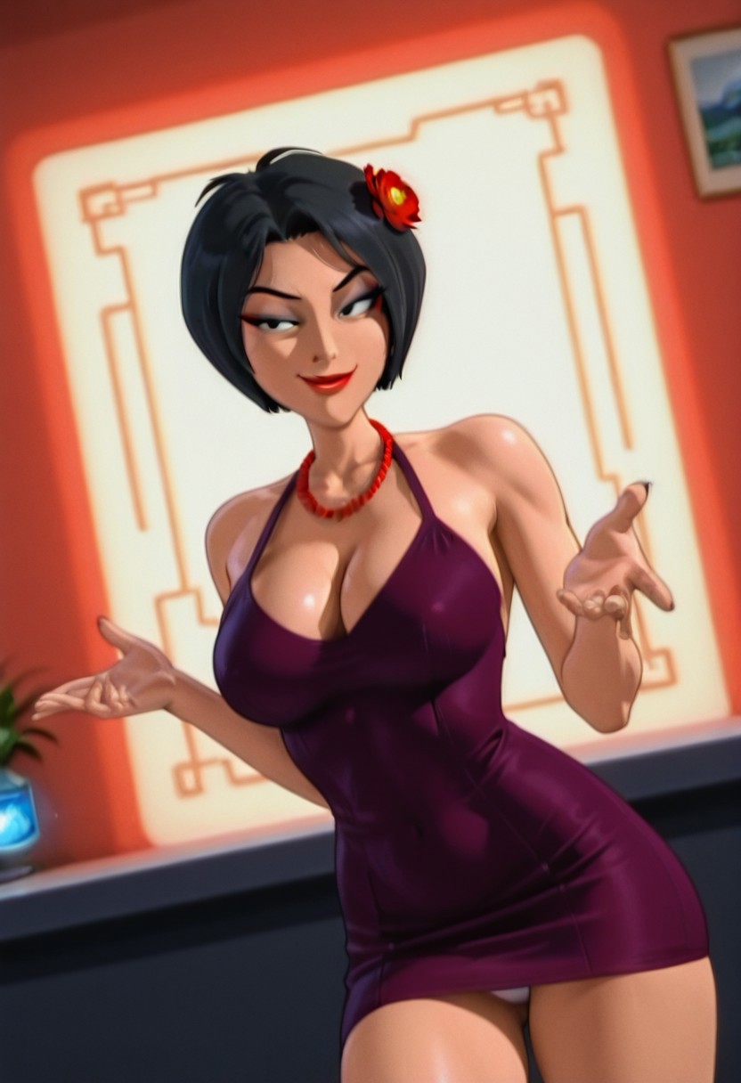 ChaseLB, 1girl, solo, short hair, black hair, bangs, black eyes,  full lips, large breast, large butt, thick thighs, red flower in hair, red lipstick, makeup, red beads necklace, jewelry, cleavage, purple backless dress, cutout dress,
,seductive pose, sexy pose, tease, 
masterpiece, best quality, fine details, intricate details, depth of field, subsurface scattering, bokeh,
 ultra-detailed, very aesthetic, detailed background, newest, scenery, highres, absurdres, colorful, vibrant, glowing, perfect face, 2d, perfect eyes,  vibrant saturated colors, volumetric lighting, sharp, detailed eyes, perfect anatomy,  perfect face, perfect eyes, mature body, clear eyes, beautiful eyes, athletic, curvy body, athletic girl, perky tits, perfect tits, round breasts, pinup pose, teasing, lustful expression, perfect hands, 
muscular female, dutch angle,  dynamic pose,
naughty smile, upskirt, pantyshot,
,Smooth Negative, Smooth_Quality,
90s_anime_aesthetic, 1990s (style), retro, retro artstyle