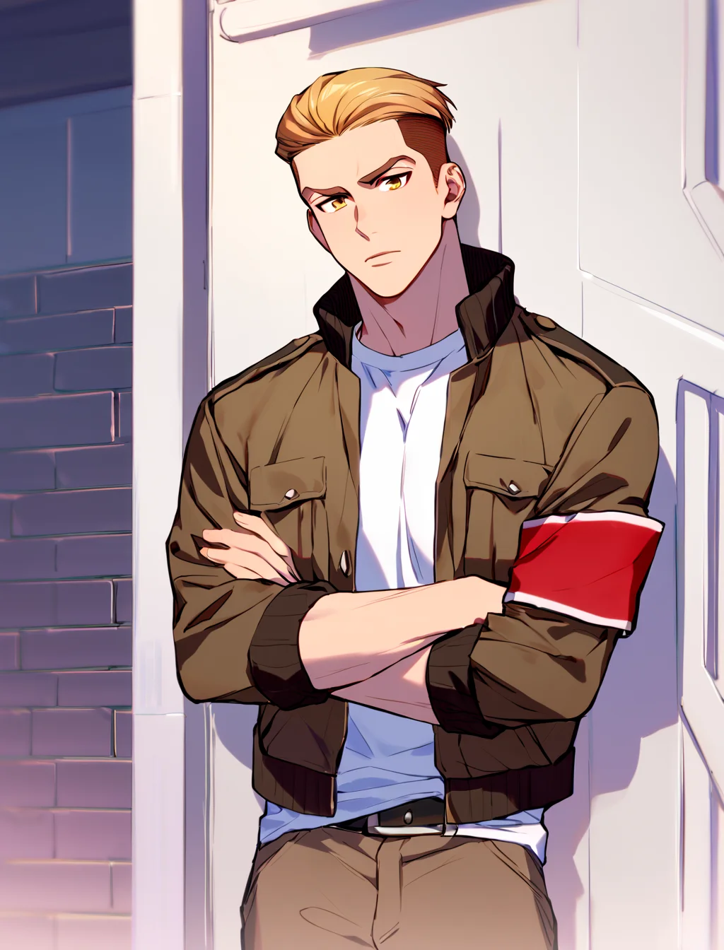 score_9, score_8_up, score_7_up, score_6_up, 
porco_galliard, short hair, blonde hair, brown hair, shirt, long sleeves, hazel eyes, standing, jacket, white shirt, male focus, open clothes, pants, outdoors, leaning to a wall, crossed arms, red armband, brown pants, undercut, looking at you