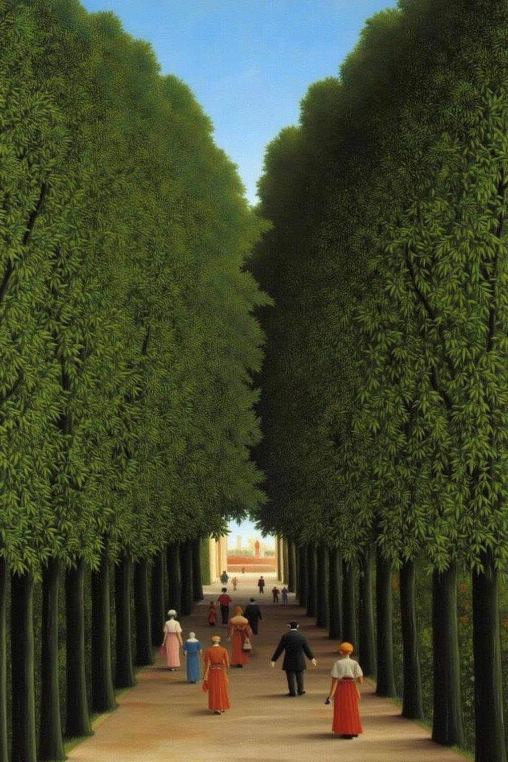 henrirousseau2 painting.
The scene depicts a tranquil avenue of tall, lush, green chestnut trees lining a straight dirt path. The trees are dense and symmetrical, creating a tunnel-like effect that guides the viewer's eye towards a distant view. People are walking in the middle of the road, between the tall trees. <lora:henrirousseau2_cap_d6a3:1.0><lora:834018950506374421:0>