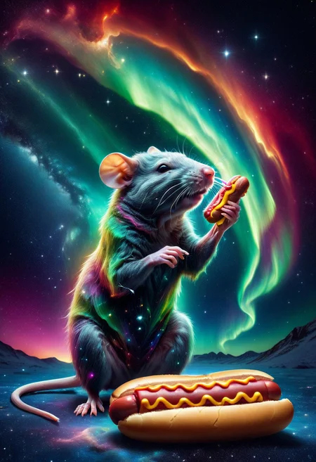 Morph-aurora, night, a closeup of a rat eating a hot dog, , cosmic background, nebulae in the night sky,