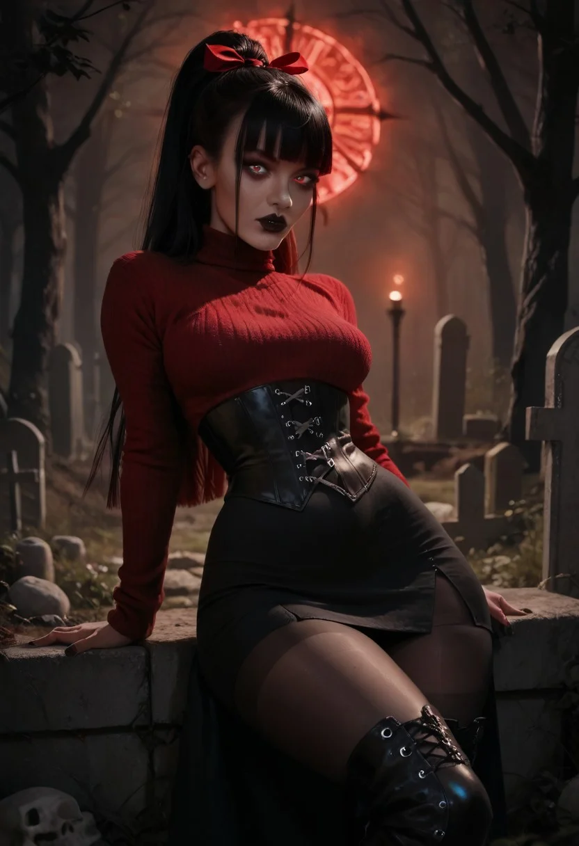score_9, score_8_up, score_7_up, score_6_up, 1girl, goth girl, (young:1.3), glowing red eyes, black lipstick, long hair, ponytail, blunt bangs, black hair, red hair ribbon, brown eyes, tight black sweater, perky breasts, black corset, big ass, wide hips, black pleat skirt, black pantyhose, black high heel boots, cemetery, dark forest, looking at viewer