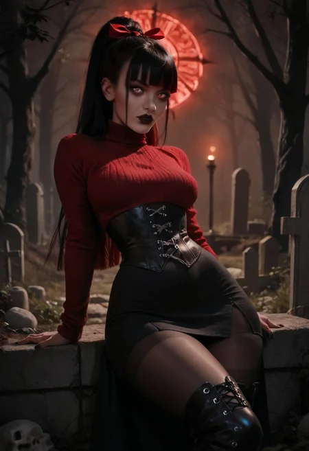 score_9, score_8_up, score_7_up, score_6_up, 1girl, goth girl, (young:1.3), glowing red eyes, black lipstick, long hair, ponytail, blunt bangs, black hair, red hair ribbon, brown eyes, tight black sweater, perky breasts, black corset, big ass, wide hips, black pleat skirt, black pantyhose, black high heel boots, cemetery, dark forest, looking at viewer