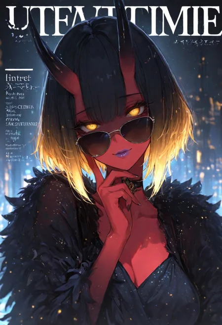 (EyesHD:1.2), (4k,8k,Ultra HD), masterpiece, best quality, ultra-detailed, very aesthetic, sharp focus, depth of field, ray tracing, best lighting, detailed illustration, detailed background, cinematic, glowing particles, shinny, glitter, beautiful face, beautiful eyes,
BREAK
ambient occlusion, raytracing, soft lighting, blum effect, masterpiece, absolutely eye-catching, particles, glow, shining, intricate cinematic background,
BREAK
masterpiece, amazing quality, best quality, ultra-detailed, 8K, illustrating, CG, clear skin, ultra-detailed-eyes, detailed background, cute girl, eyelashes
BREAK
Aka-Oni, oni, colored skin, (red skin:1.3), smooth horns, black horns
BREAK
short hair, detail eyes, glowing eyes, golden eyes, (Sexy lips), fake magazine cover,1girl,gradient hair,dress,feather boa,choker,jewelry,aviator sunglasses,looking over eyewear,close-up,light particles,looking at viewer,head tilt,shaded face,text,lipgloss,finger on own cheek