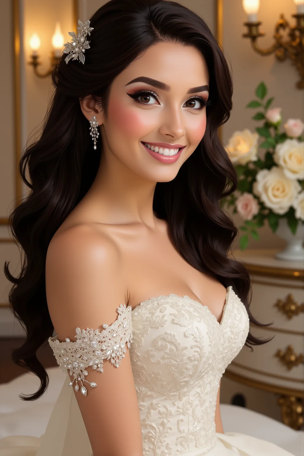 <lora:FANCHA_v.6:0.81> This is a high-resolution, beautifully detailed photograph of a bride in a wedding setting. The bride, positioned slightly off-center to the right, has a radiant smile, showcasing her straight white teeth. She has a warm, inviting expression and wears a delicate, intricate bridal gown. The dress is a stunning off-the-shoulder design with intricate lace detailing and delicate beadwork, adorned with pearls and other small embellishments. The gown's bodice is fitted, and the sweetheart neckline adds a romantic touch. Her dark, rich brown hair is styled in soft, loose curls cascading over her shoulders, with a delicate, ornate hairpiece featuring flowers and small crystals, adding a touch of elegance. The bride's makeup is subtle yet glamorous, with a soft pink blush, well-defined eyebrows, and a touch of highlight on her cheeks and forehead, enhancing her natural beauty. The background features a softly lit, ornate piece of furniture, possibly a dresser or a side table, adorned with delicate floral arrangements in muted shades of white, green, and beige, adding a touch of sophistication and romance.