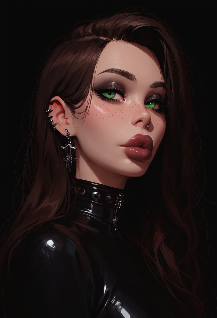 score_9, score_8_up, score_7_up, score_6_up, score_5_up, score_4_up, goth girl, gothic,  egirlmake up, choker, (beautiful face, cute face, 18 years old) Expressiveh, ASCII 1 girl, brown hair, green eyes, black latex outfit, medium breasts, upper body, portrait, 4k, big lips, choker, heavy make up, black lipstip, eyeliner, long hair, freckles