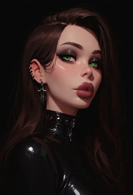 score_9, score_8_up, score_7_up, score_6_up, score_5_up, score_4_up, goth girl, gothic,  egirlmake up, choker, (beautiful face, cute face, 18 years old) Expressiveh, ASCII 1 girl, brown hair, green eyes, black latex outfit, medium breasts, upper body, portrait, 4k, big lips, choker, heavy make up, black lipstip, eyeliner, long hair, freckles