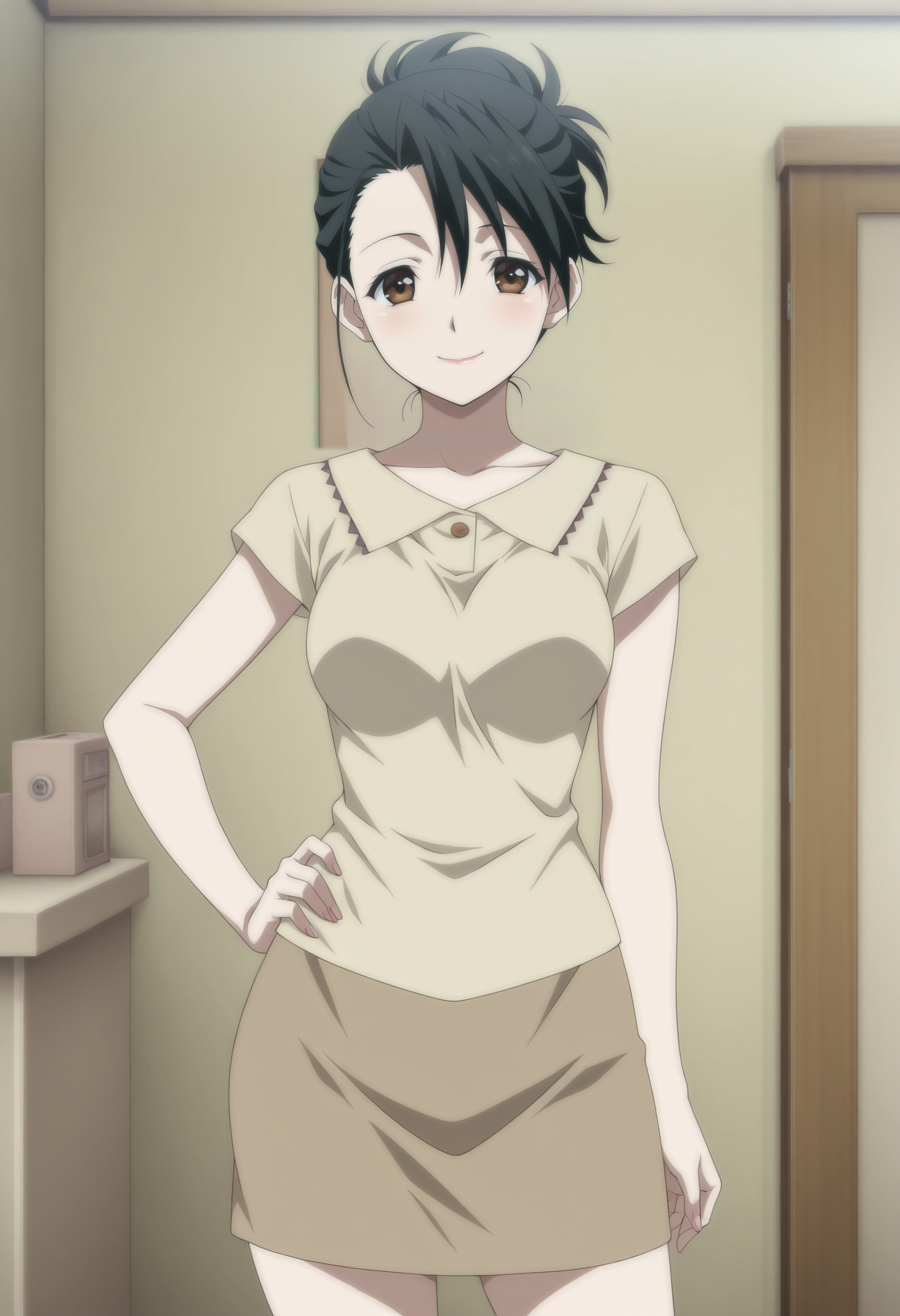 1girl,solo,mm,mature female,black hair,brown eye,medium breasts,anime coloring,
shirt,skirt,cowboy shot, looking at viewer, hand on own hip, smile,indoors
,masterpiece,best quality,amazing quality,<lora:Kiyoura_Mai-SHINY_DAYS:0.8>