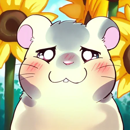 score_9, score_8_up, score_8, furry, Oxnard, hamster, white fur, grey spotted fur, whiskers, pink nose, cartoon style, 2d, overweight male, solo, upper body focus, face close up, sunflower seed in mouth, chewing, looking at viewer, blush, outside
