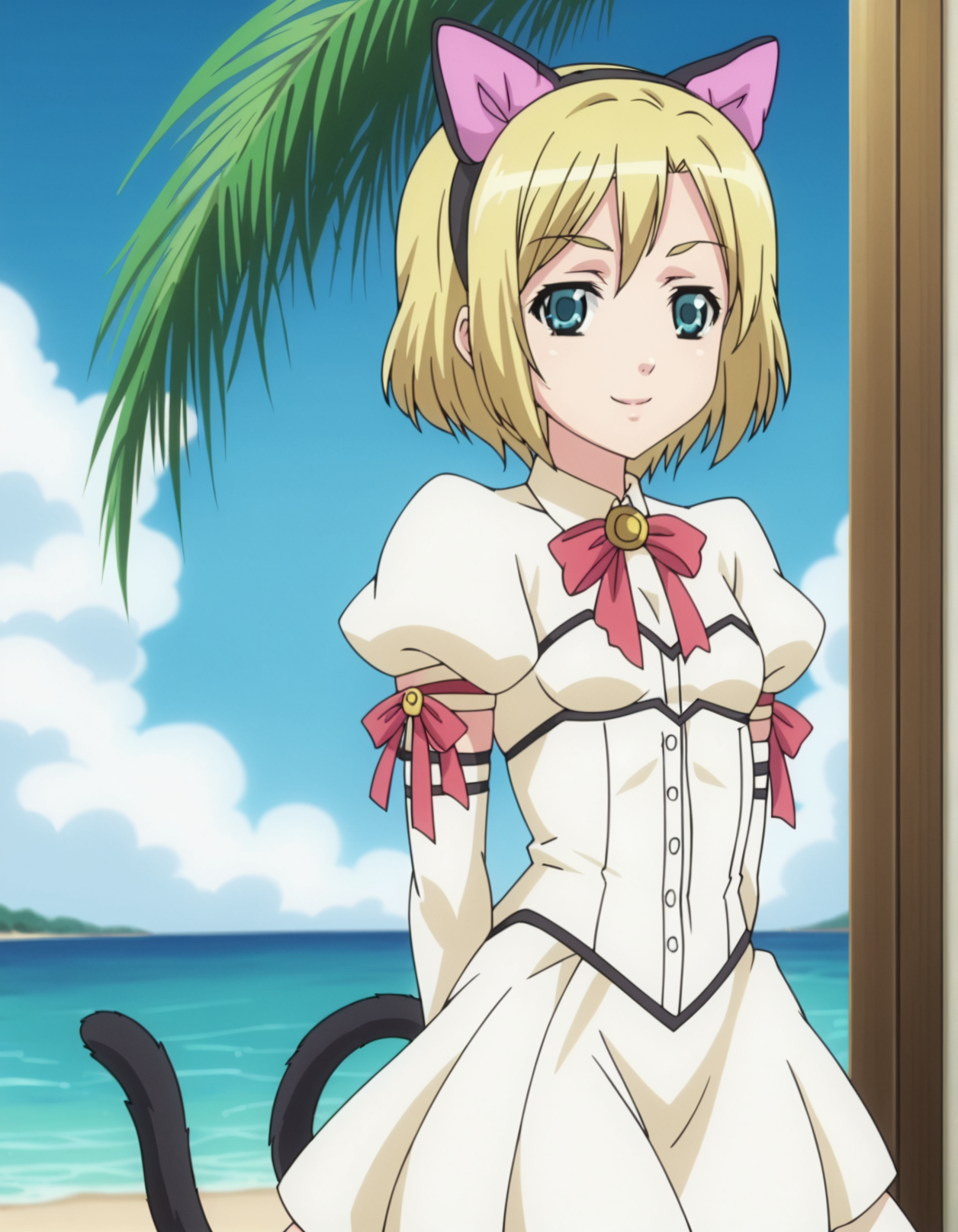 1girl, anime screencap, <lora:VexVexX_Antonia_Morfenoss_PONYXL:1>, AntoniaMorfenoss, blonde hair, short hair, blue eyes, fake animal ears, cat ears, cat tail, small breasts, deep skin, skindentation, seductive smile, detailed skin, glossy skin, dress, puffy sleeves, bow, ribbon, elbow gloves, cowboy shot, from front, standing, hands behind back, legs together, thighs together, knee up, looking at viewer, outside, beach, ocean, palm trees,