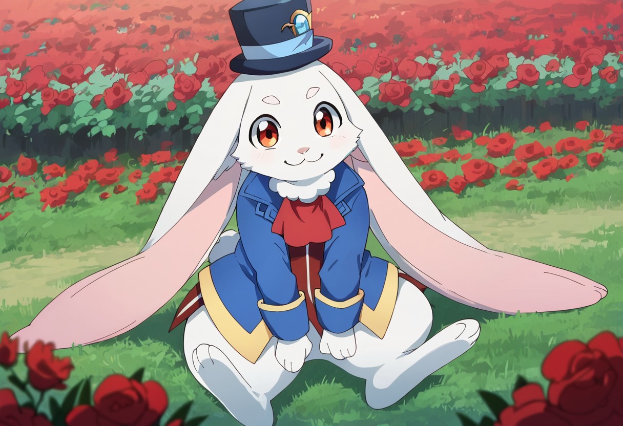by faeki, score_9, score_8_up, score_7_up,
Expressiveh, garden background, red flowers, solo,
1girl, female, emulslfv2, semi-anthro, female, rabbit, white fur, reddish orange eyes, top hat, red dress, blue jacket, red ascot, breast, short stature, smiling, sitting on the ground,