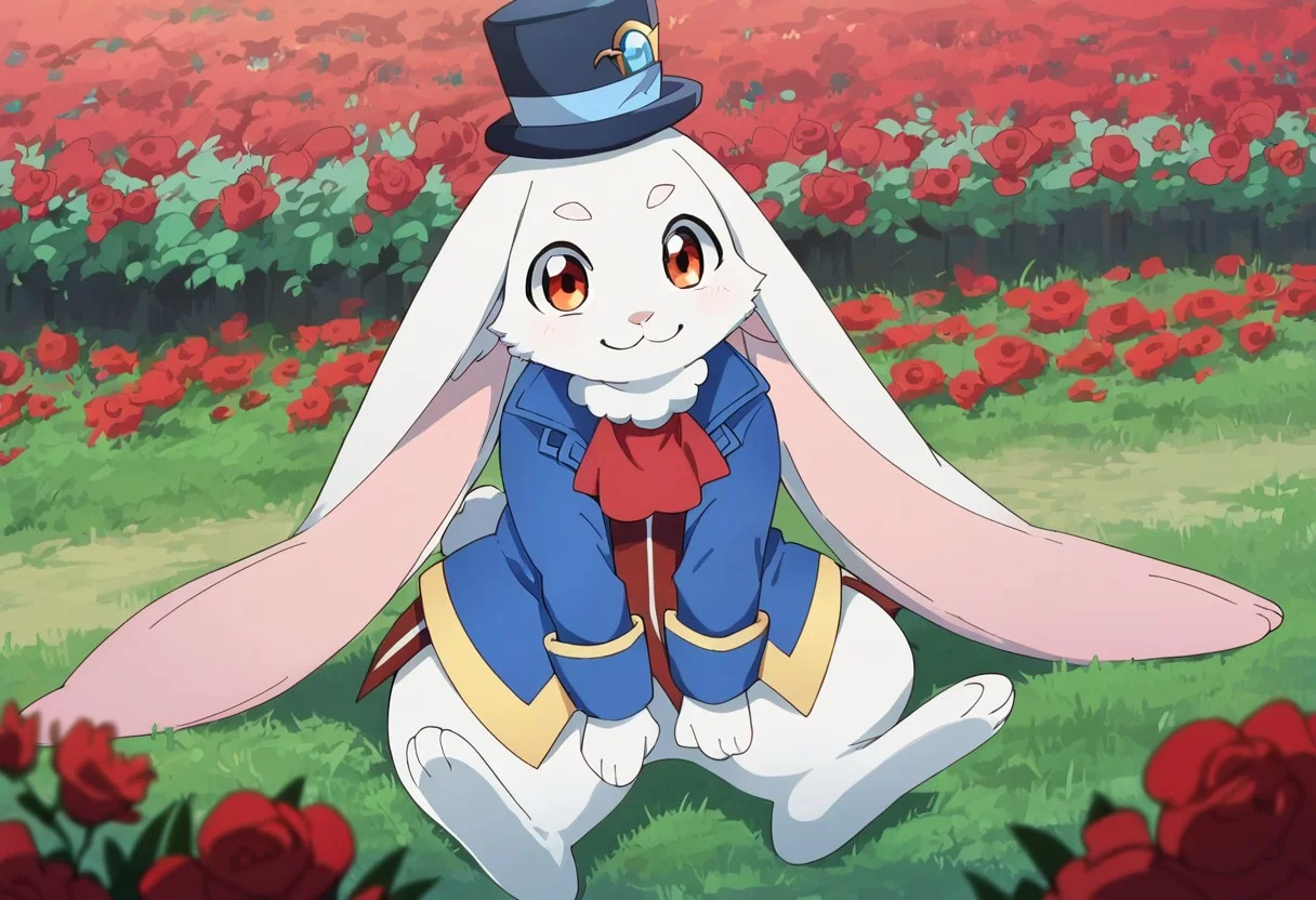 by faeki, score_9, score_8_up, score_7_up,
Expressiveh, garden background, red flowers, solo,
1girl, female, emulslfv2, semi-anthro, female, rabbit, white fur, reddish orange eyes, top hat, red dress, blue jacket, red ascot, breast, short stature, smiling, sitting on the ground,