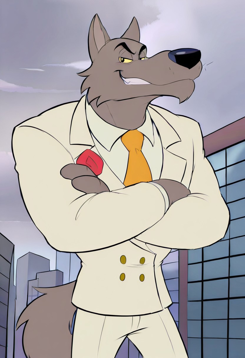 score_9, score_8_up, score_7_up, solo, male, furry, anthro, Ftpdwolf, Big Bad Wolf, wolf, cream suit, cream pants, white undershirt, front view, looking at viewer, head to the side, crossed arms, smirk, quarter body shot, outside, city, buildings, overcast sky