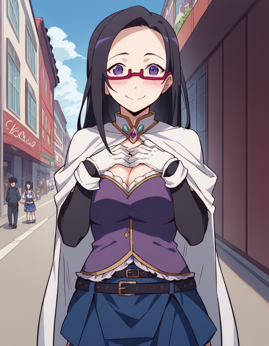 score_9, score_8_up, score_7_up, source_anime, <lora:sakie-satou-s1-ponyxl-lora-nochekaiser:1>, sakie satou, long hair, black hair, purple eyes, glasses, semi-rimless eyewear, red-framed eyewear, under-rim eyewear, large breasts, <lora:miki-sayaka-cosplay-ponyxl-lora-nochekaiser:1>, miki sayaka cosplay, miki sayaka (cosplay), belt, black sleeves, blue skirt, cape, cosplay, dress, gloves, gem, skirt, sleeveless, sleeveless dress, white cape, white gloves,, streets, outdoors, smile, blush, hands on own chest, cowboy shot, looking at viewer,