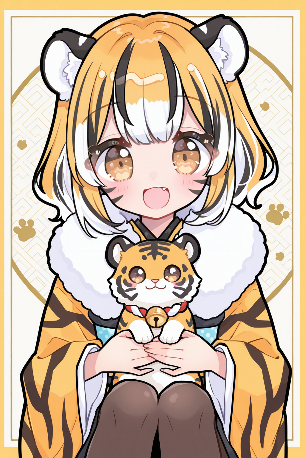 <lora:Tasuki6918:1>, Tasuki6918, 1girl, chinese zodiac, animal ears, multicolored hair, tiger ears, brown eyes, white hair, streaked hair, fang, japanese clothes, year of the tiger, kimono, smile, tiger girl, black hair, animal, tiger, solo, pantyhose, blonde hair, :d, looking at viewer, fur trim, bell, bangs, wide sleeves, whisker markings, open mouth, holding animal