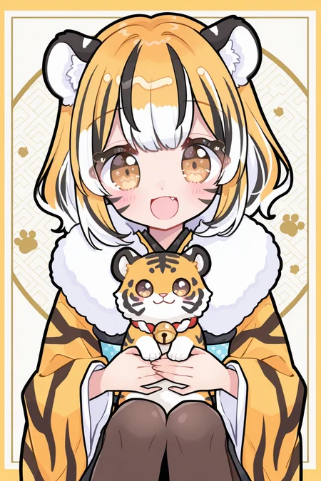 <lora:Tasuki6918:1>, Tasuki6918, 1girl, chinese zodiac, animal ears, multicolored hair, tiger ears, brown eyes, white hair, streaked hair, fang, japanese clothes, year of the tiger, kimono, smile, tiger girl, black hair, animal, tiger, solo, pantyhose, blonde hair, :d, looking at viewer, fur trim, bell, bangs, wide sleeves, whisker markings, open mouth, holding animal