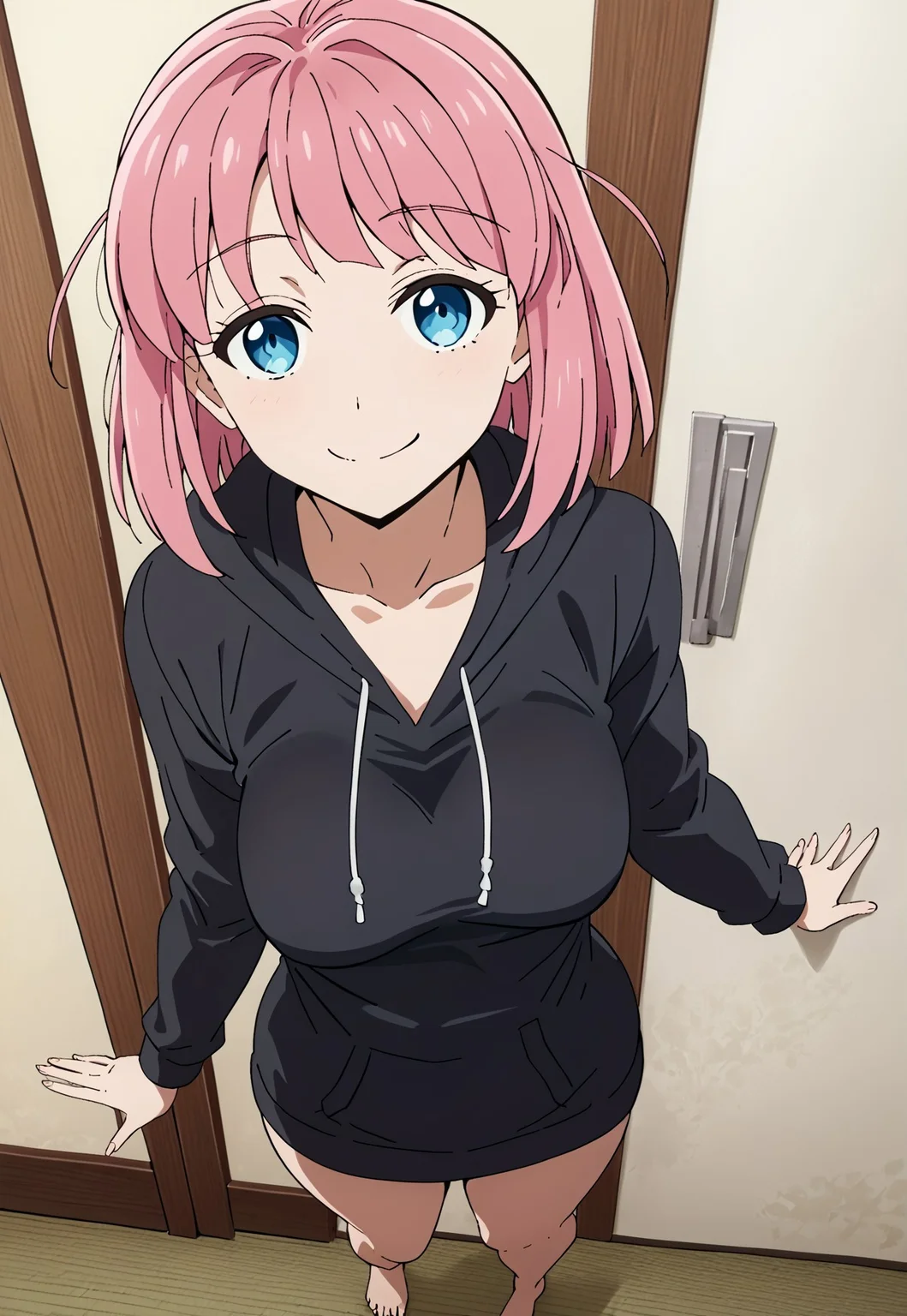 safe_pos, score_9, score_8_up, score_7_up, score_6_up,source_anime, masterpiece, ultra-detailed, highres, 4k, best quality, 8k, <lora:add-detail-xl:1>, anime, BREAK, above shot, extremely detailed,
1girl, solo, standing, facing viewer, adult, mature, aged up, smug smile, 21 year old, round breasts, breasts together, medium breasts, looking at viewer,
futari_gotoh, blue eyes, pink hair, medium hair, black hoodie, draped hoodie, no pants, barefoot, neckline, small cleavage, <lora:futari:0.8>,
