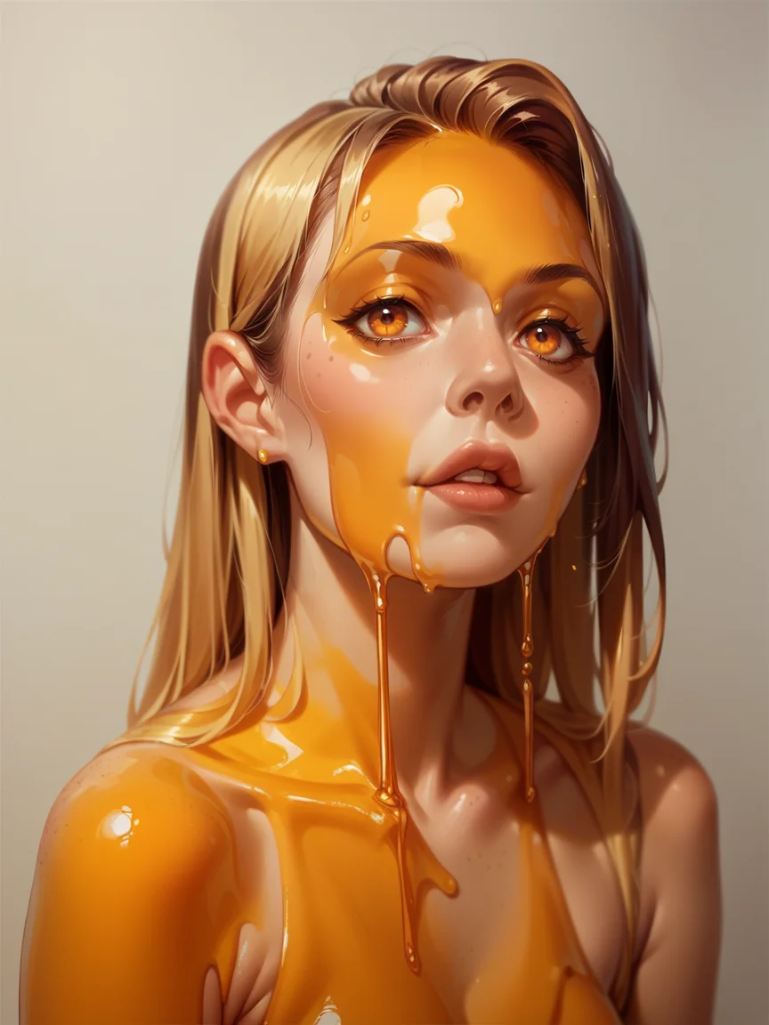 score_9, score_8_up, score_7_up, score_6_up, 1girl, <lora:sl1m3XLP:0.9> sl1m3, amber slime, long hair, honey, bee