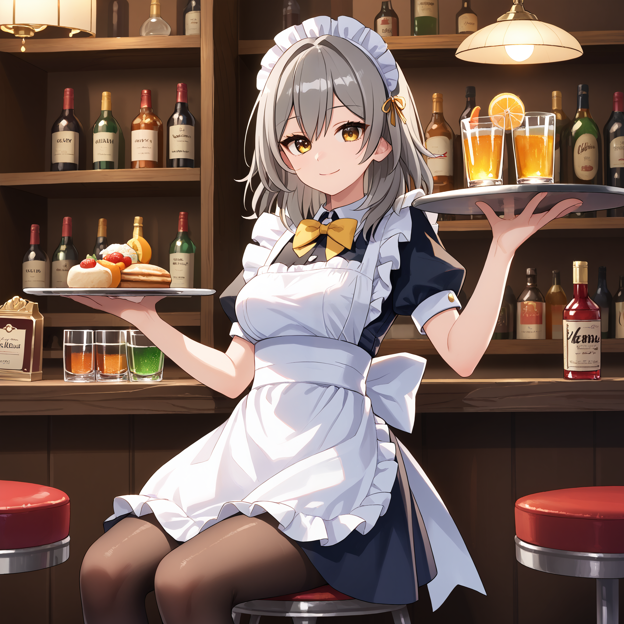 score_9, score_8_up, score_7_up, score_6_up, score_5_up, score_4_up, BREAK source_anime, look at viewer, rating_safe, 1girl, solo, indoors, bar, sitting, stool,  masterpiece, best quality, high detailed skin,  stelle \(honkai: star rail\), medium hair, grey hair, yellow eyes, maid, maid headdress, maid apron, pantyhose, holding tray, smiling, bowtie,