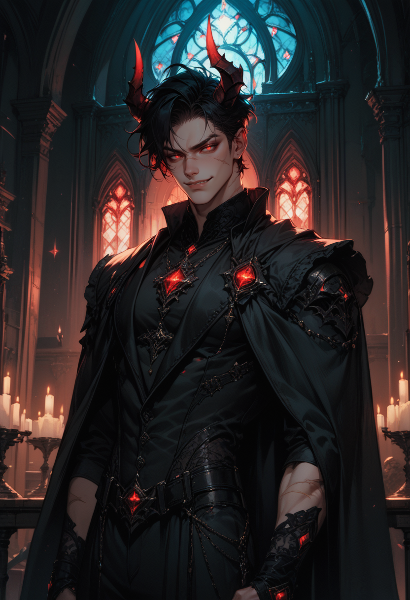 (score_9, score_8_up), score_7_up, 
1boy, demon horns, glowing red eyes, short black hair, scars, smirk, 
indoors, dark, gothic, castle, night, standing,