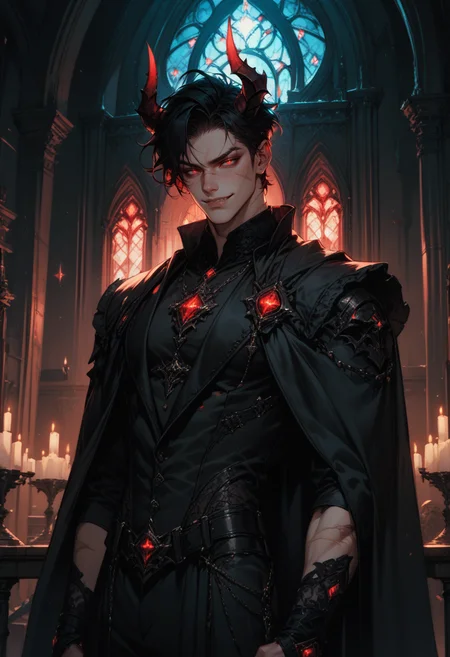 (score_9, score_8_up), score_7_up, 
1boy, demon horns, glowing red eyes, short black hair, scars, smirk, 
indoors, dark, gothic, castle, night, standing,