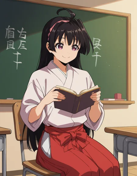 score_9, score_8_up, score_7_up, source_anime, <lora:ayako-mochizuki-s1-ponyxl-lora-nochekaiser:1>, ayako mochizuki, long hair, black hair, purple eyes, ahoge, hairband,, skirt, japanese clothes, hakama, miko, red hakama,, classroom, chalkboard, day time, studying, sitting, chair, desk,, smile, , hands on own chest,, solo,, cowboy shot, dutch angle