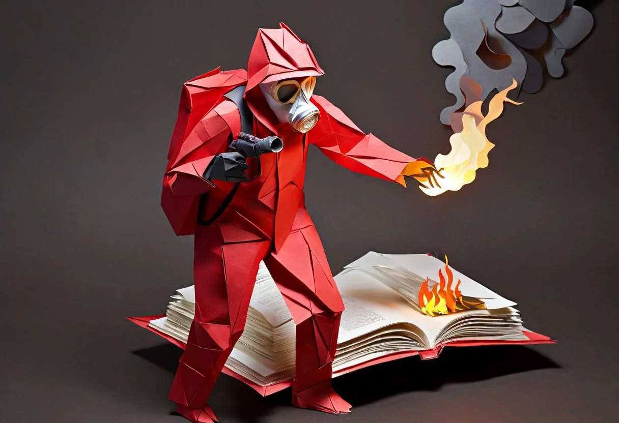 Origami, paper craft, A paper man in a red paper flameproof suit and gas mask is using a paper flamethrower shooting ((photorealistic flames)), setting a building made of book pages on photorealistic fire, Layered PaperCutout style <lora:sdxl-PaperCutouts-Dreambooh:1>, Very detailed, clean, high quality, sharp image