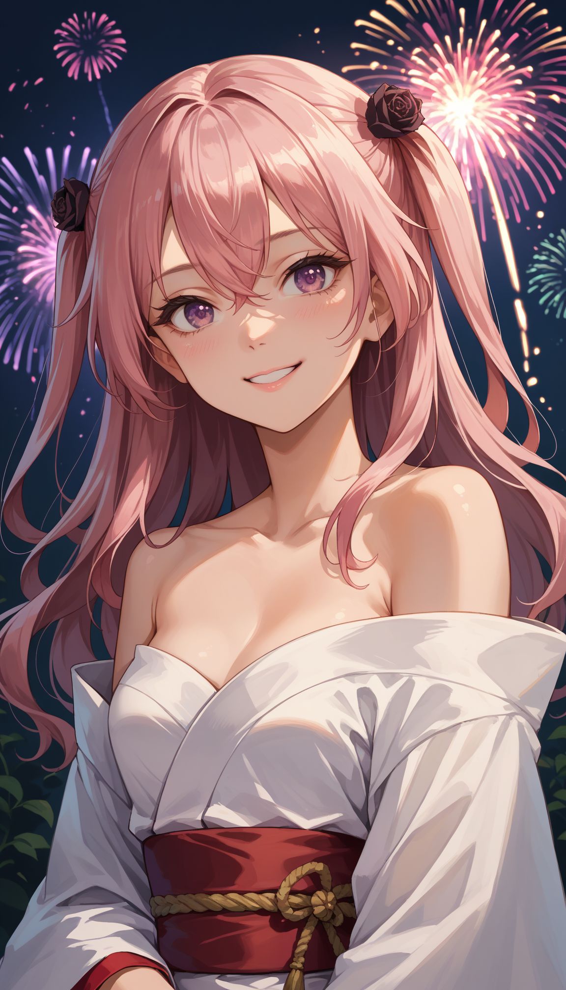 score_9, score_8_up, score_7_up, source_anime,  big smile, 
   <lora:Inui Sajuna :0.8> aasajuna,pink eyes,purple eyes,pink hair,long hair,two side up,hair between eyes,bangs,hair flower,black rose, japanese clothes, white kimono, off shoulder, red sash, bare shoulders, fireworks