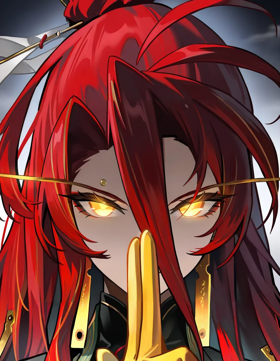 <lora:chuyi_noob:1>,xytx-chuyi, 1girl, solo, yellow eyes, red hair, long hair, ahoge, hair between eyes, glowing eyes, glowing, looking at viewer, yellow gloves, gloves, hair ornament, hair stick, hair bun, earrings, jewelry,
masterpiece,best quality,very aesthetic,absurdres,