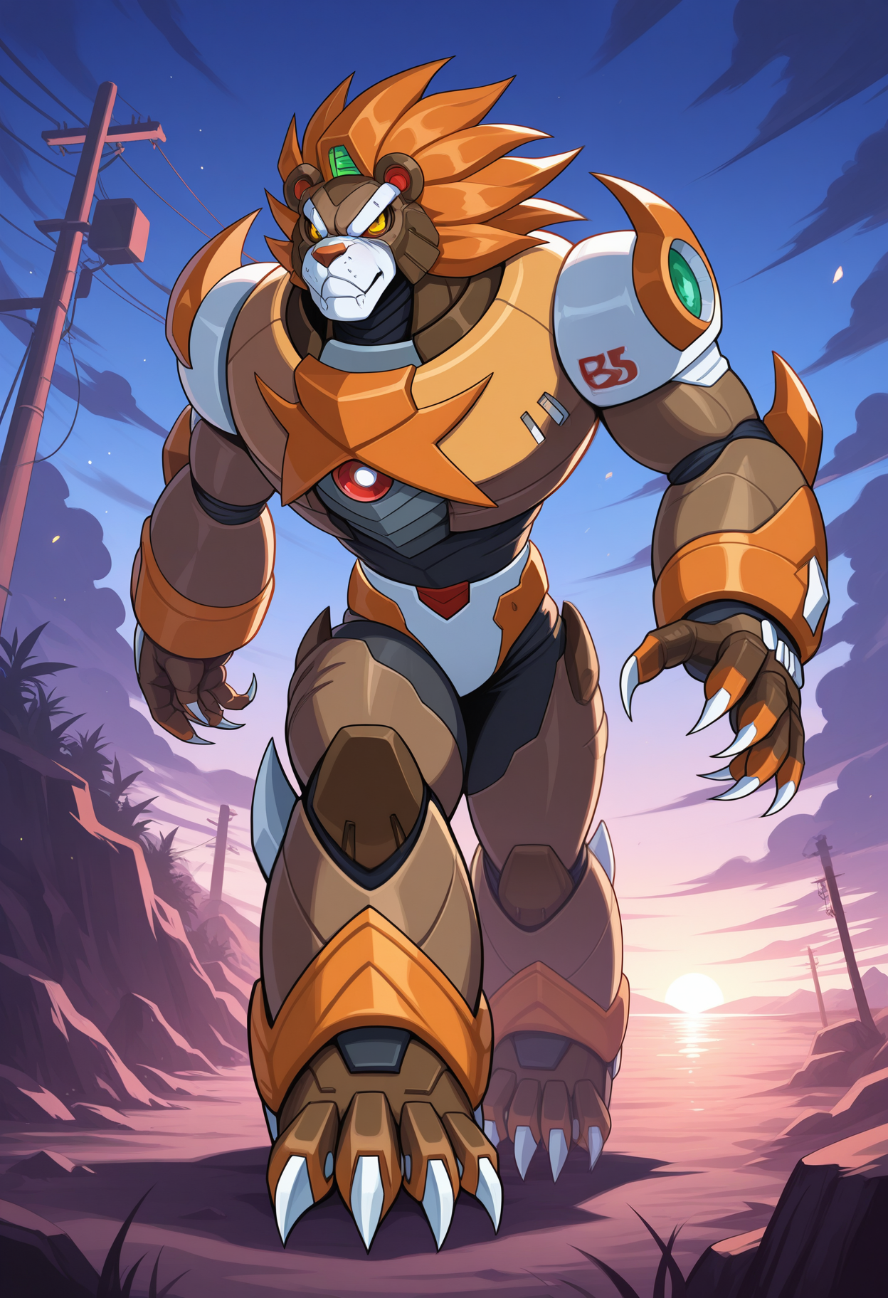 masterpiece,best quality,amazing quality, 1boy, solo, b34st, robot bear boy, red eye, white sclera, orange hair, full body, outdoors,