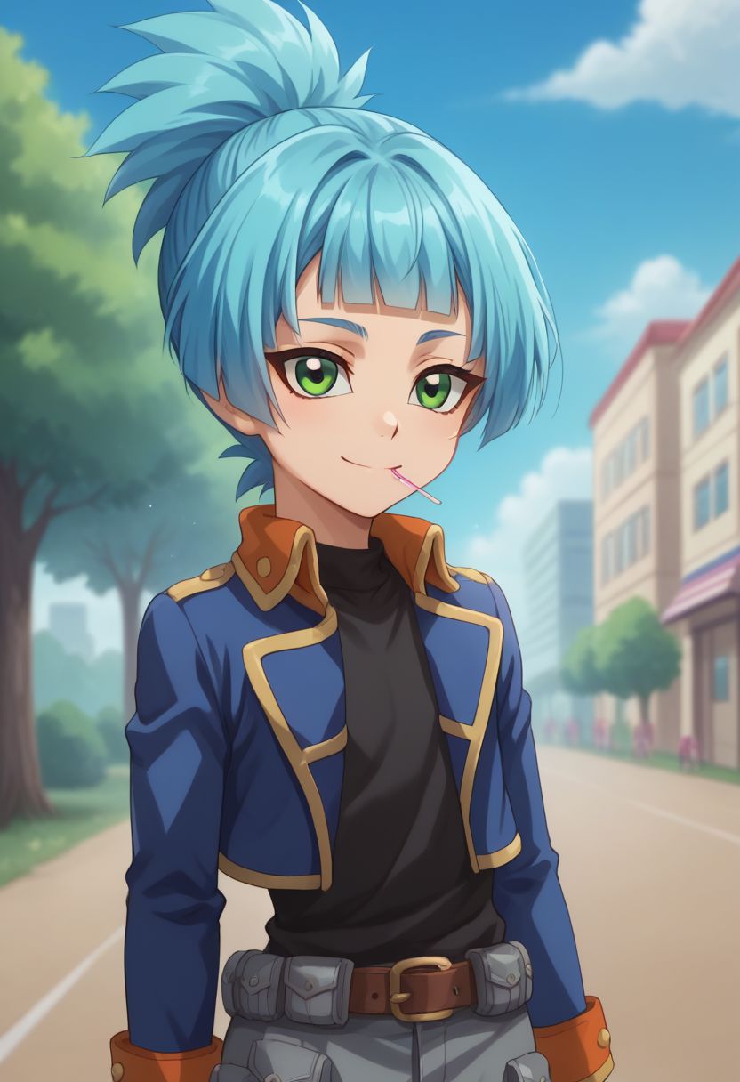 score_9, score_8_up, score_7_up, source_anime, highly detailed, 
sora, solo, food, 1boy, candy, male focus, green eyes, lollipop, blue hair, blunt bangs, smile, ponytail, belt, jacket, blue jacket, open jacket, shirt, black shirt, long sleeves,
outdoor, sky, tree,