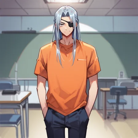 shin natsume, tenjo tenge, ah1, 1boy, long hair, gray hair, parted bangs, score_9, score_8_up, score_7_up, score_6_up, source_anime, orange t-shirt,<lora:Shin_Natsume_from_Tenjo_Tenge:0.8>, (standing tall with a slight lean forward, hands casually in pockets, smirk, exuding dominance and allure), (Conference Room, Modern meeting space with a long conference table, comfortable chairs, a projector screen, teleconferencing equipment, a whiteboard for brainstorming sessions), grey eyes, serious, eyepatch,